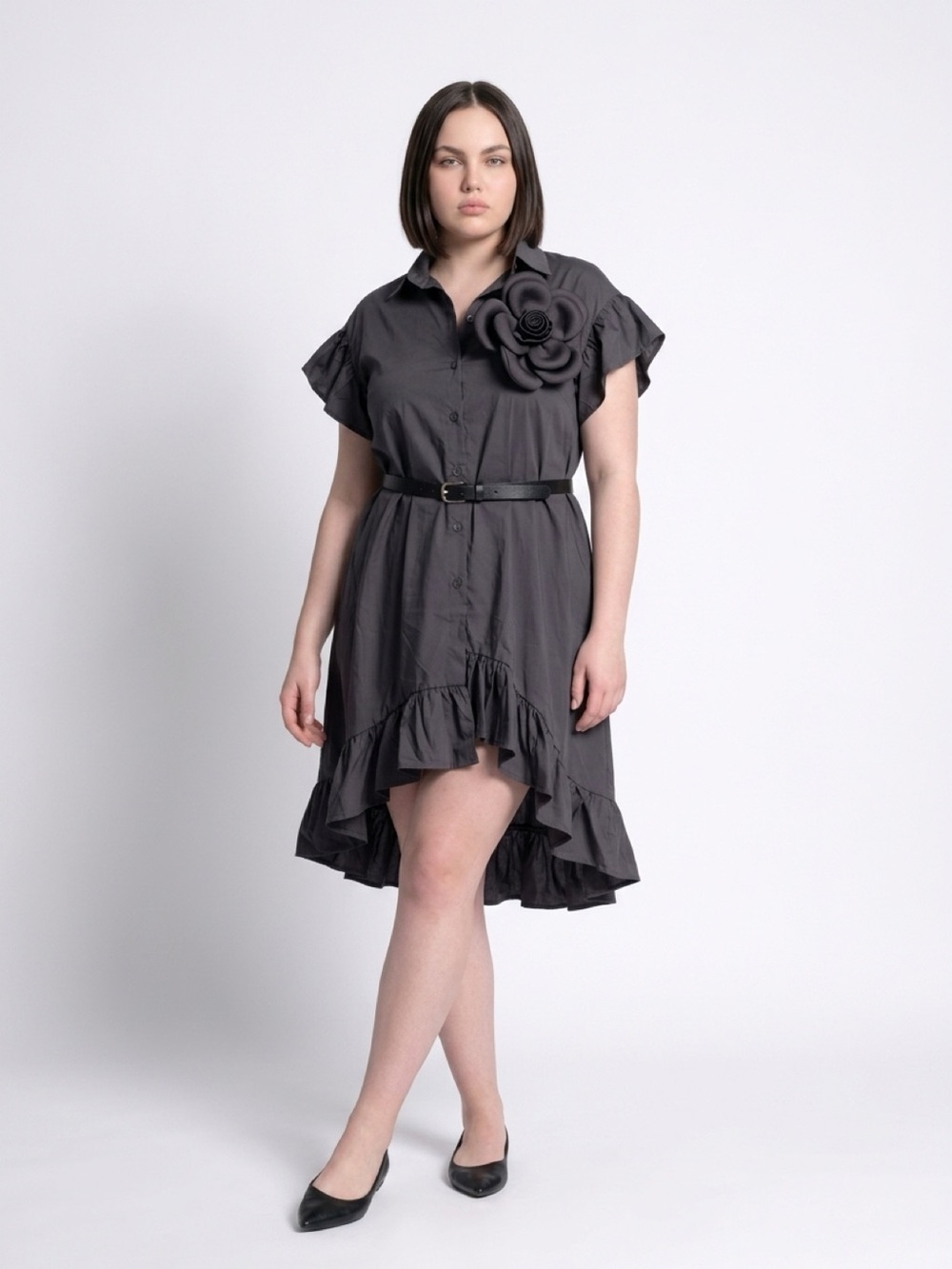 Women's Black Ruffle Shirt Dress with Floral Accent